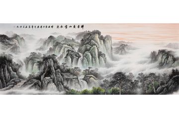 常为新品创作八尺横幅山水画《祥云载山富水流》