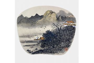 王建军新品力作国画扇面山水画《穷款》
