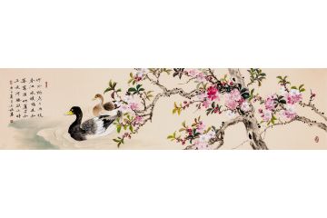 玉婉四尺横幅花鸟画《竹外桃花三两枝，春江水暖鸭先知》