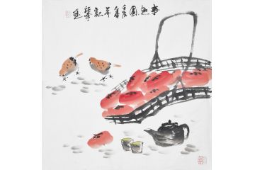 周绍峰三尺斗方花鸟画作品柿子《事趣图》