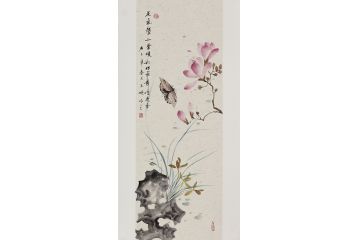 玉婉写意花鸟画新作《花气袭知骤暖 彩蝶飞舞惜花香》