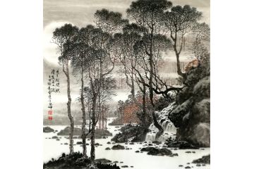 林德坤新品创作斗方小品《明月松间照 清泉石上流》