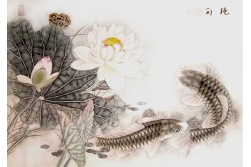 张艳丽老师工笔花鸟画《荷花鲤鱼》