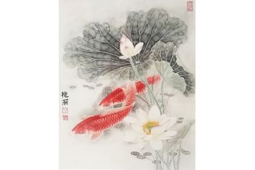 张艳丽工笔小尺寸花鸟画《荷花鲤鱼》