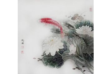 玄关挂画 张艳丽老师手绘斗方荷花图《荷塘美景》