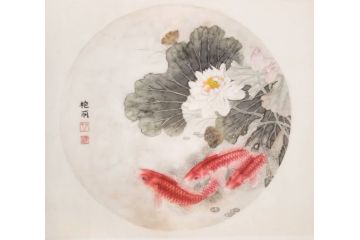 玄关装饰画 张艳丽工笔花鸟画《鲤鱼戏荷》