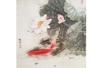 玄关装饰画 张艳丽工笔荷花鲤鱼图《锦鲤》