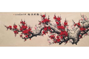 池玉写意六尺花鸟画《梅开五福》