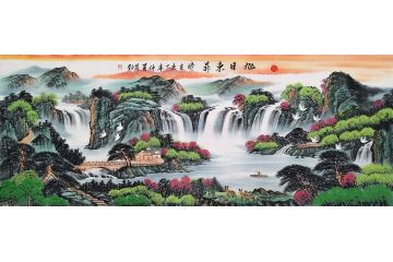 前劲新品六尺横幅青绿聚宝盆山水画《旭日东升》