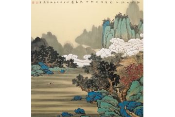 许新有山水画《春风又绿江南岸，明月何时照我还》