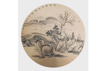许新有国画斗方扇面山水画《泉声带雨出溪林》