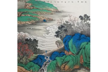 许新有国画青绿山水画作品《杨柳青青江水平》