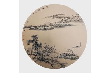 许新有新品力作国画斗方山水画《野渡横舟》