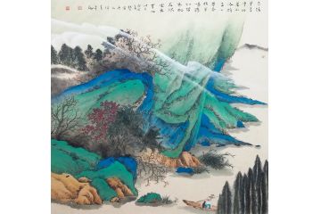 许新有新品青绿斗方山水画《雨余芳草净沙尘》