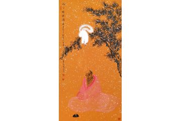 收藏精品 薛大庸三尺人物画红衣和尚《松下悟禅图》
