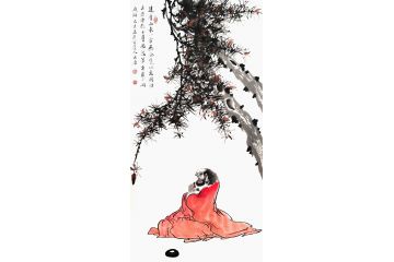 精品佛像 薛大庸人物画 三尺竖幅 红衣和尚《达摩西来一字无》