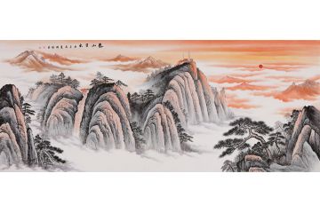 五岳大靠山 李国胜国画山水画作品《泰山日出》