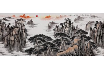黄山松 李国胜新品力作八尺横幅山水画《松山祥云》