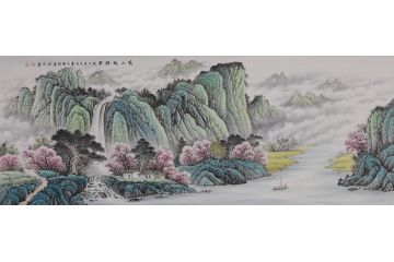 李国胜新品创作六尺横幅山水画《家山起祥云》