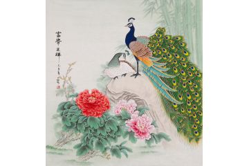 王一容手绘佳作孔雀图《富贵呈祥》