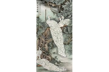 王建辉老师工笔花鸟画新作《白羽锦屏图》