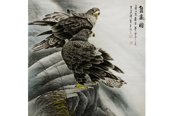 王建辉工笔斗方雄鹰图《双赢图》