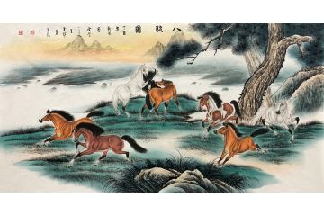 骏马图 王建辉六尺横幅动物画《八骏图》