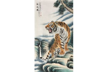 王建辉六尺竖幅动物画 老虎图《神威图》