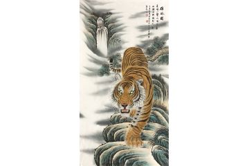 客厅装饰画 王建辉六尺竖幅老虎图《雄风图》