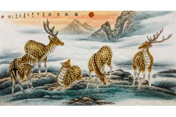客厅装饰挂画 王建辉 六尺横幅 动物画《福禄呈祥》