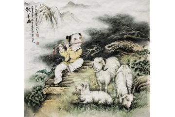 玄关装饰挂画 王建辉 斗方动物画 《牧羊曲》