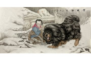 客厅装饰画 王建辉四尺横幅动物画 藏獒《雪域神威》