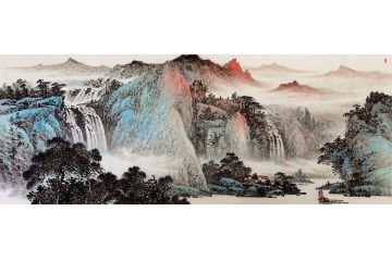 林德坤新品国画创作六尺横幅山水画《晨染家山》