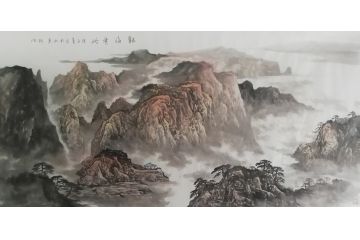 王绍德国画写意四尺横幅山水画《银海秀岭》