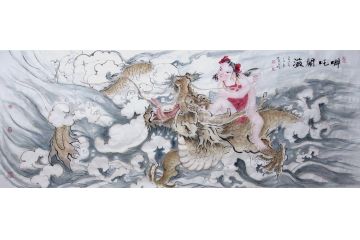 柳子峻新品佳作六尺横幅人物画《哪吒闹海》