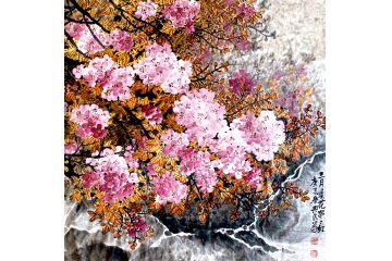 张兴民精美斗方花鸟画《三月风花串串红》