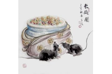 柳子峻斗方动物画《数钱图》