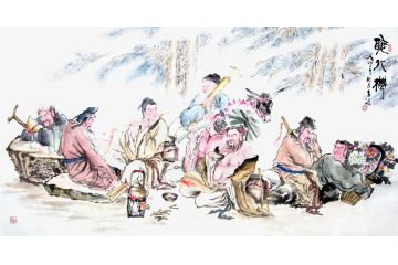 柳子峻六尺横幅风俗人物画《醉八仙》