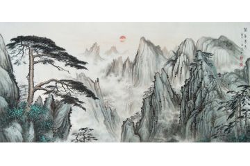 墨痴新品创作国画迎客松山水画《紫气东来》