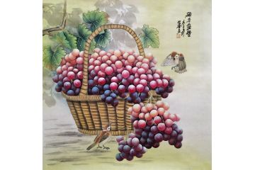 家庭餐厅装饰画 羽墨斗方葡萄画《硕果盈丰》