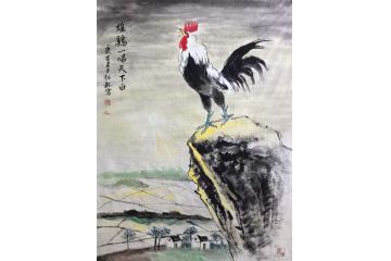 梁超龙国画雄鸡图《雄鸡一唱天下白》