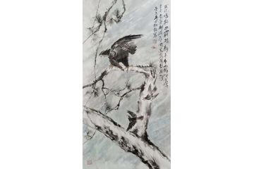 办公室挂画 梁超龙国画松鹰图《尤记鸣鞘出霸陵》
