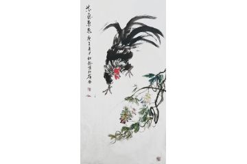梁超龙国画公鸡紫藤图《紫气东来》