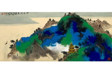 田志刚新品创作泼墨泼彩山水画《湖光山色》