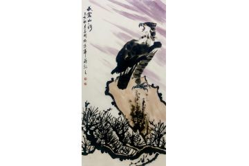 玄关装饰画 田志刚四尺竖幅动物画 老鹰图《威镇山河》