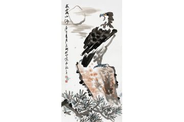 客厅装饰画 三尺竖幅 田志刚国画鹰《威镇山河》