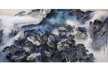 林文瑞国画创作山水画新品《绝壁青山雨色寒》