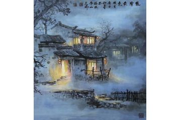 林文瑞新品创作国画山水画斗方《龙潭夜色》