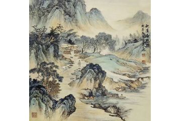 林文瑞新品斗方国画山水画《秋溪渔隐图》