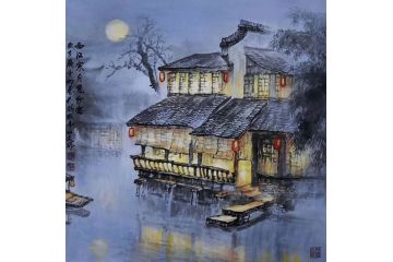 林文瑞国画新品斗方山水画《西江寒月笼纱窗》